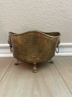 VTG Hammered Brass Footed Planter or Cachepot- Gorgeous Vintage Patina